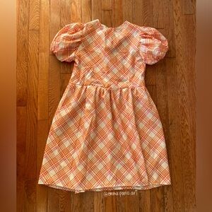 pink orange and white plaid gingham puff sleeve mini dress